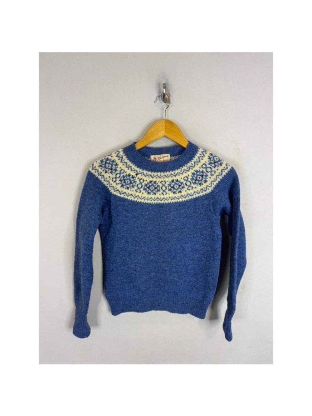 Vintage John Tulloch Shetland Wool Fair Isle Sweater Blue Women XXS Scotland
